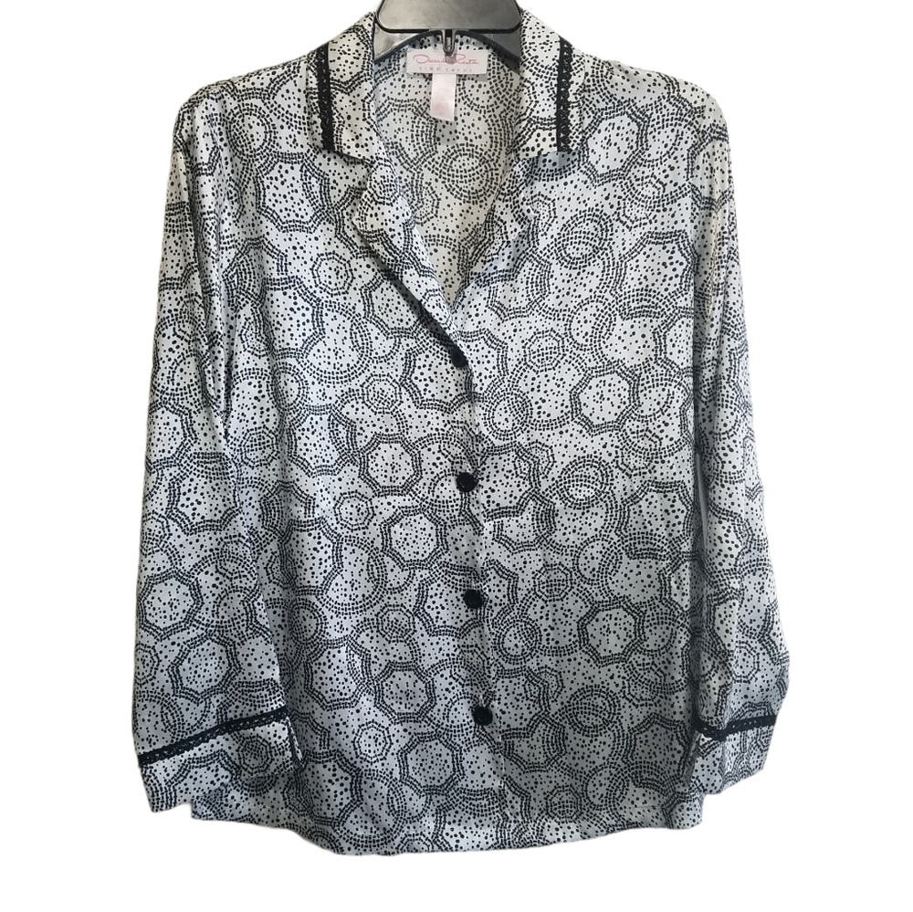 Oscar De La Renta Satin Black & White Pajama Top